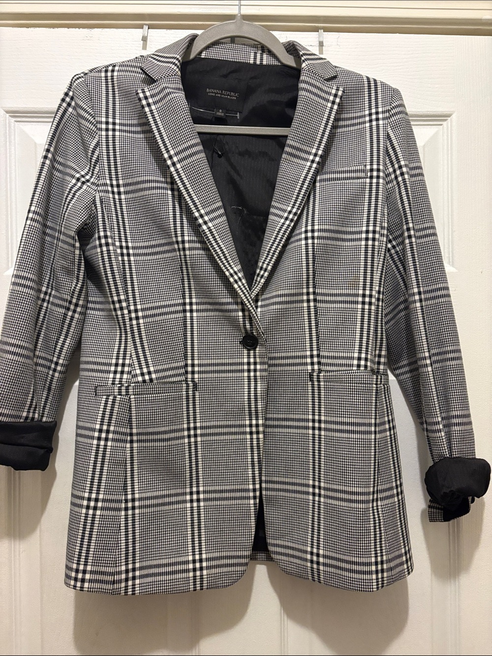 Banana Republic Black and White Plaid Single-Button Blazer